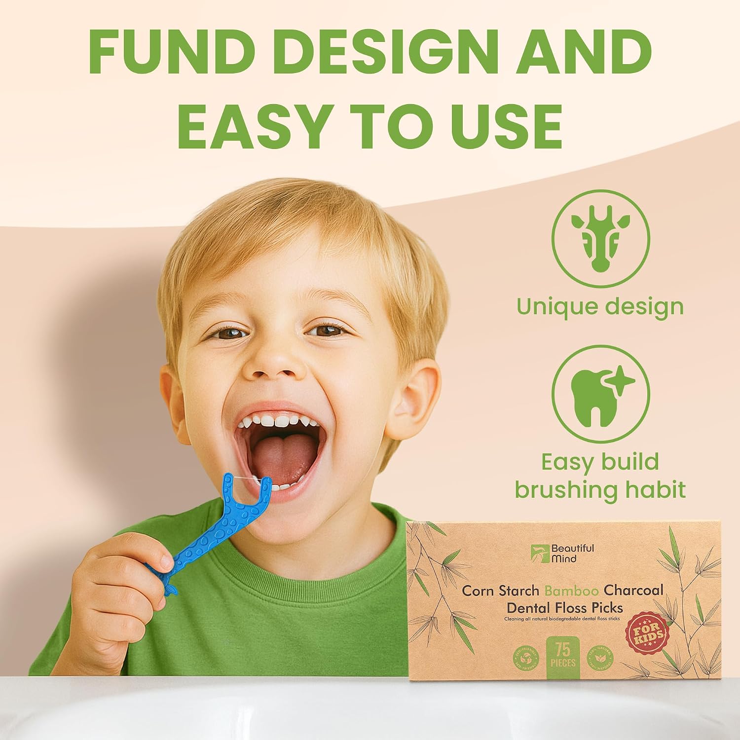 Dental Floss Picks for Kids 75 Pack - Unflavored, No Fluoride Oral Tooth Flossers - Biodegradable Flossing Sticks with Charcoal Thread - Giraffe Toothpick 