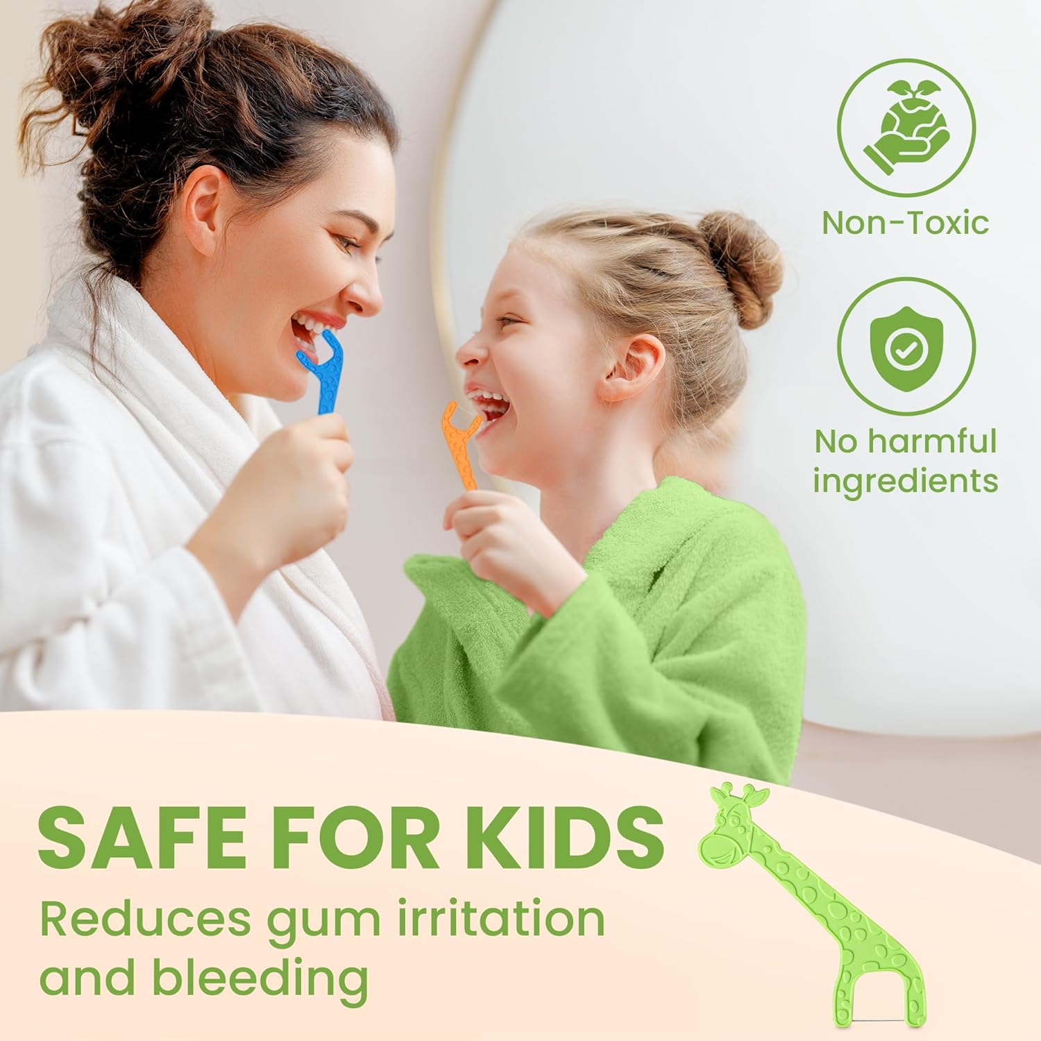 Dental Floss Picks for Kids 75 Pack - Unflavored, No Fluoride Oral Tooth Flossers - Biodegradable Flossing Sticks with Charcoal Thread - Giraffe Toothpick 