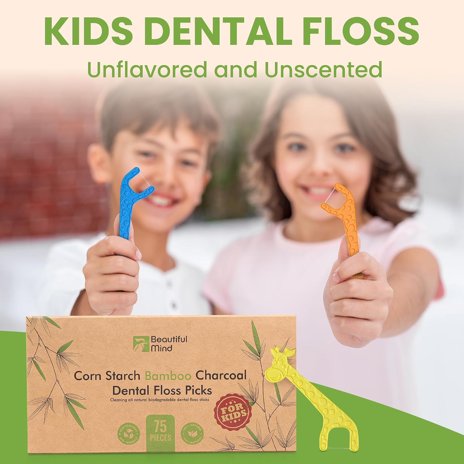 Dental Floss Picks for Kids 75 Pack - Unflavored, No Fluoride Oral Tooth Flossers - Biodegradable Flossing Sticks with Charcoal Thread - Giraffe Toothpick 