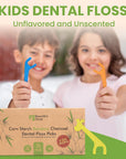 Dental Floss Picks for Kids 75 Pack - Unflavored, No Fluoride Oral Tooth Flossers - Biodegradable Flossing Sticks with Charcoal Thread - Giraffe Toothpick 