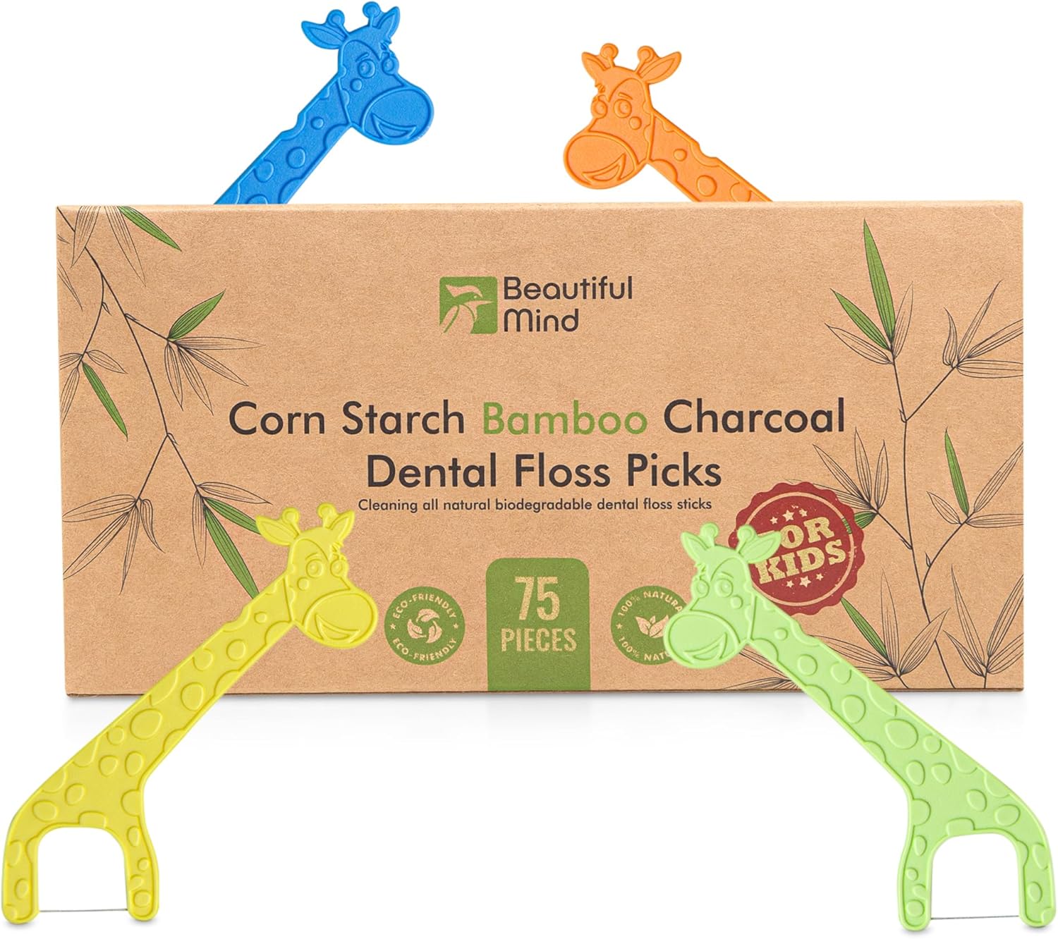 Dental Floss Picks for Kids 75 Pack - Unflavored, No Fluoride Oral Tooth Flossers - Biodegradable Flossing Sticks with Charcoal Thread - Giraffe Toothpick 
