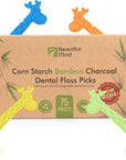 Dental Floss Picks for Kids 75 Pack - Unflavored, No Fluoride Oral Tooth Flossers - Biodegradable Flossing Sticks with Charcoal Thread - Giraffe Toothpick 